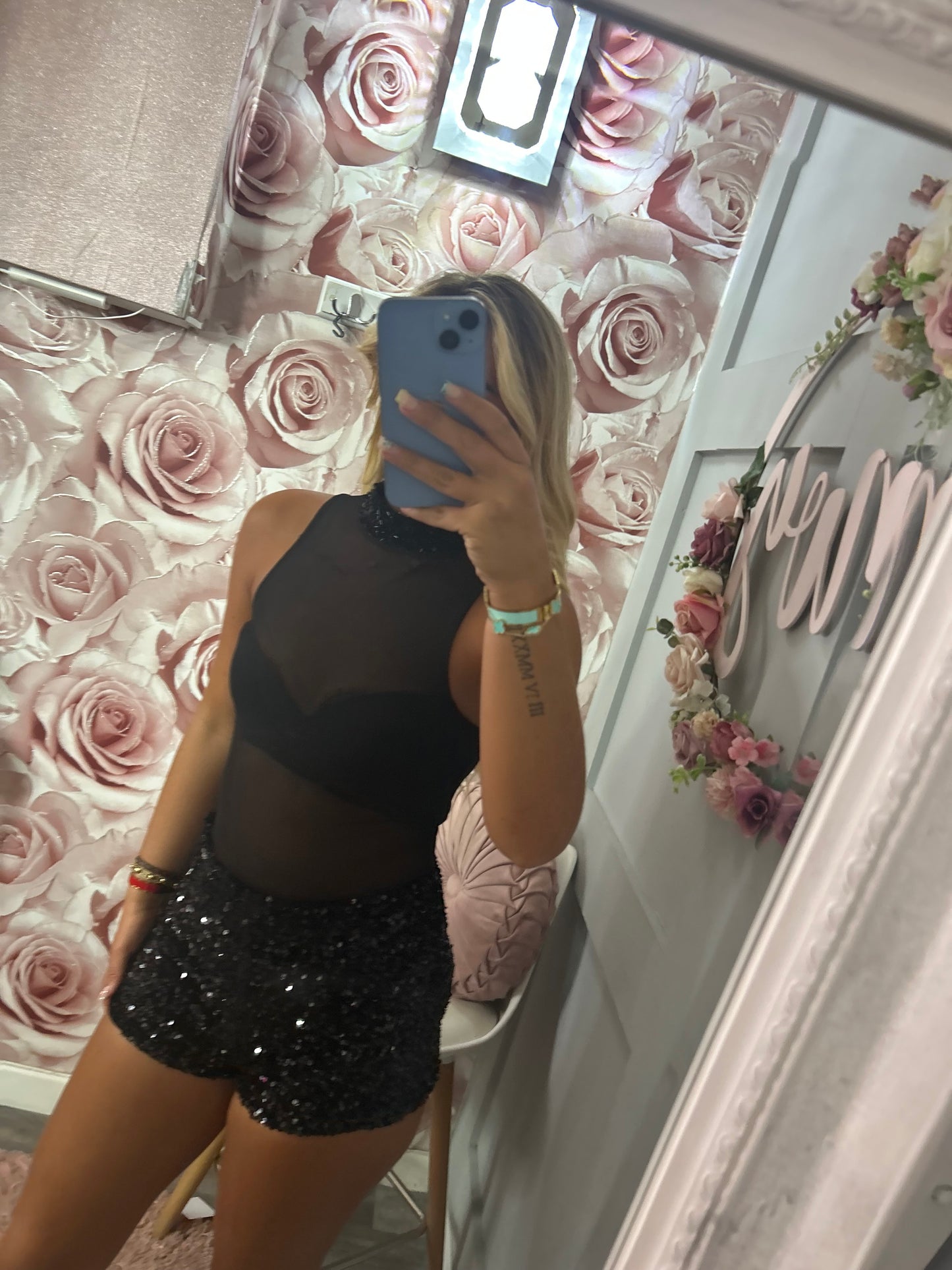 2 Piece Sequin Hotpants & Sequin/Mesh Bodysuit Co-Ord Set