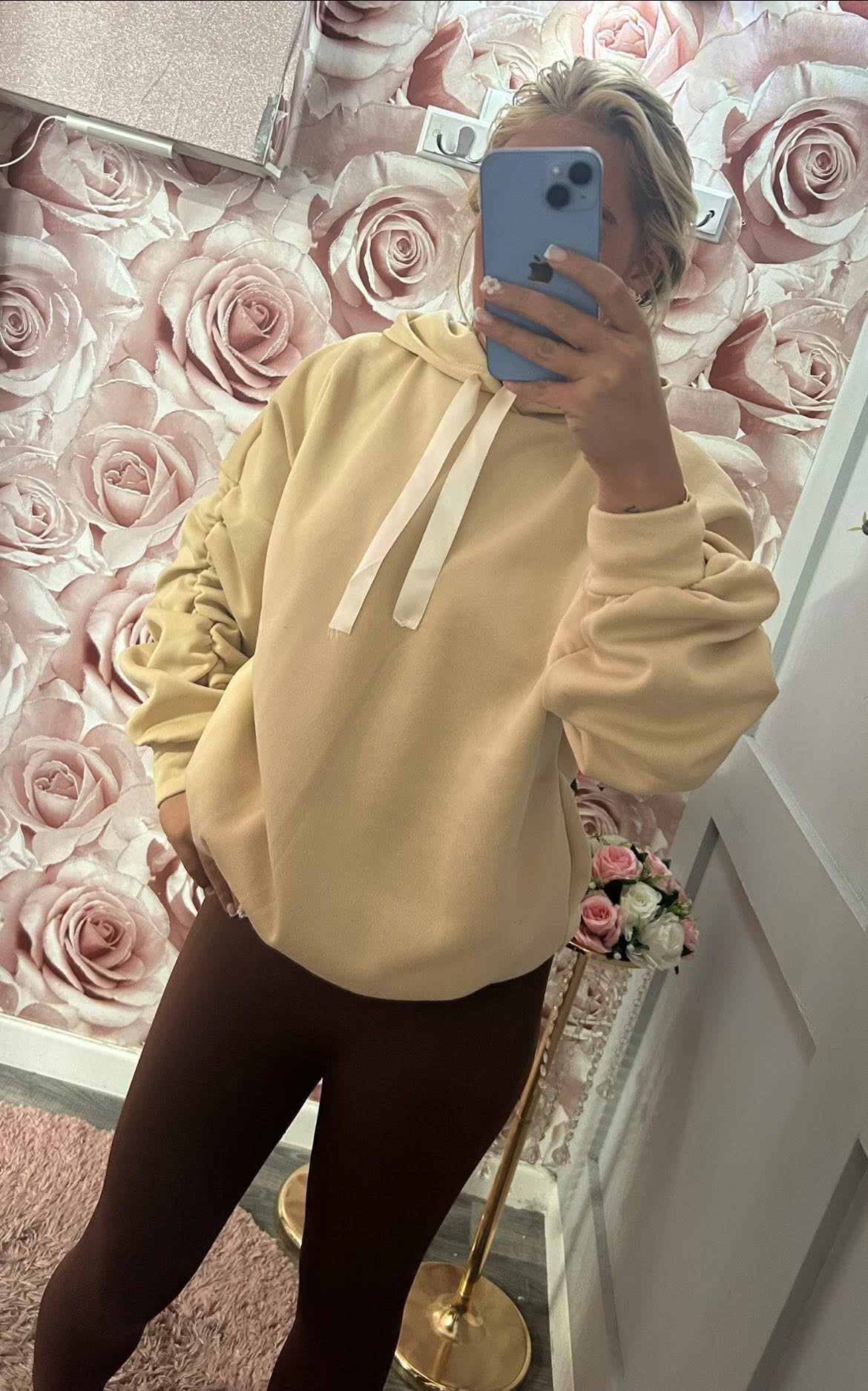 Ruched Sleeved Ribbon Toggle Fleece Lined Hoodie