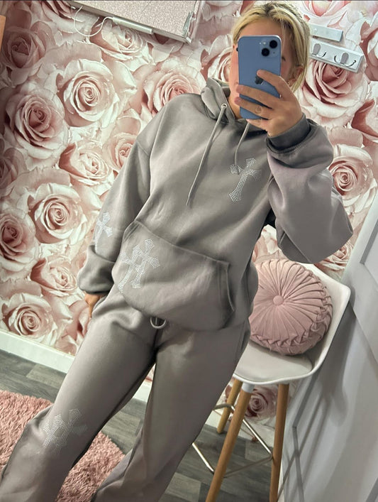 Diamante Encrusted Crucifix Over Sized Fleece Lined Hoodie Tracksuit