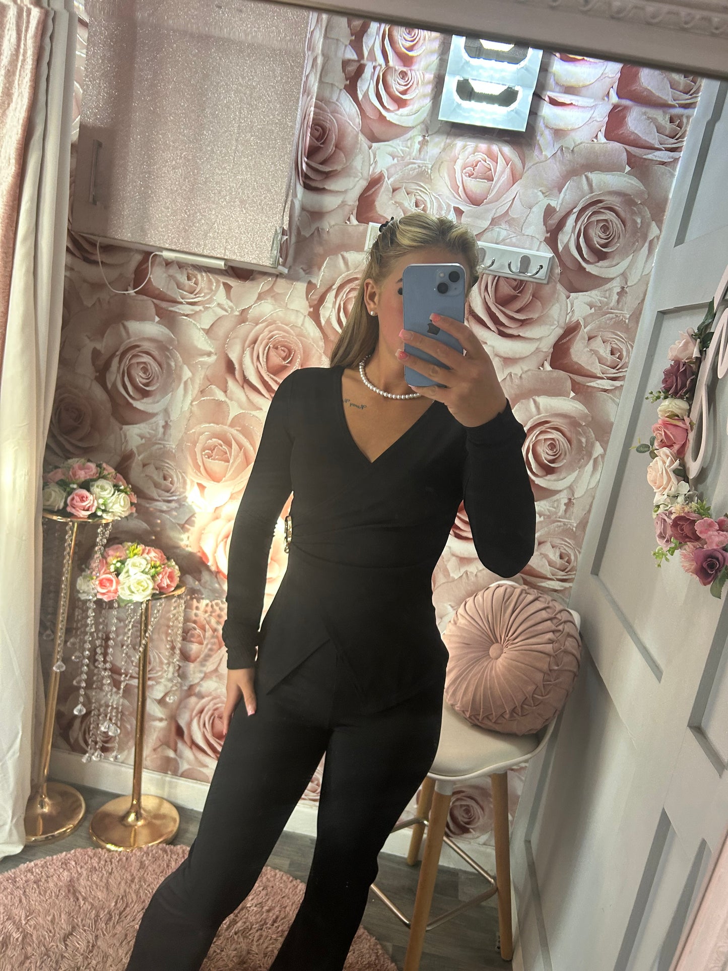 Gold Buckle Wrap Over Ribbed Top & Flares Set