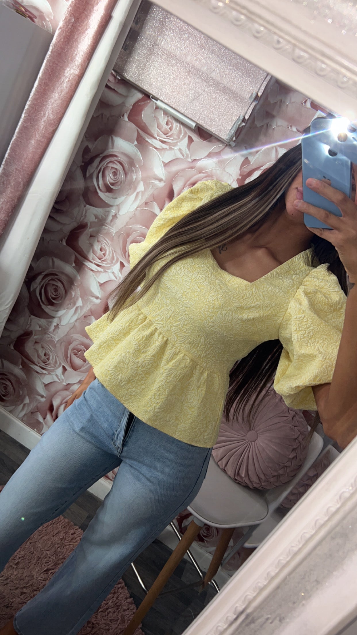 Floral Jacquard High Quality Puff Sleeved Peplum Top