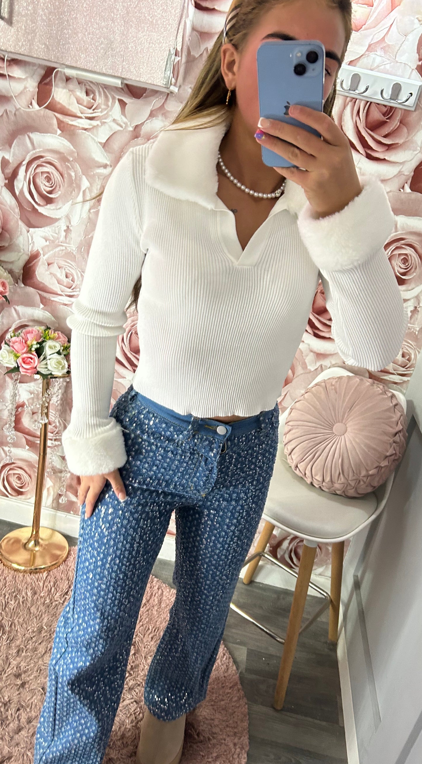 Fur Collar & Cuff Ribbed Jumper