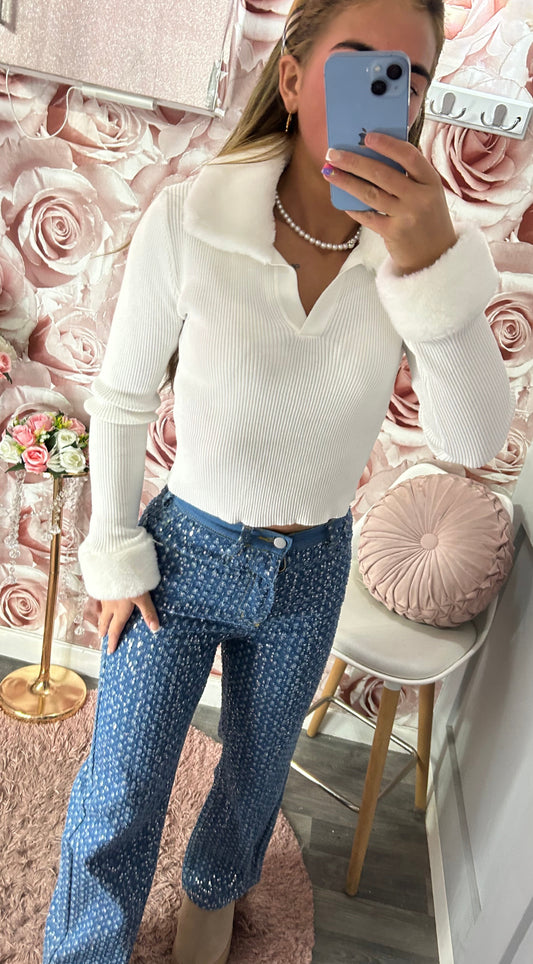 Fur Collar & Cuff Ribbed Jumper
