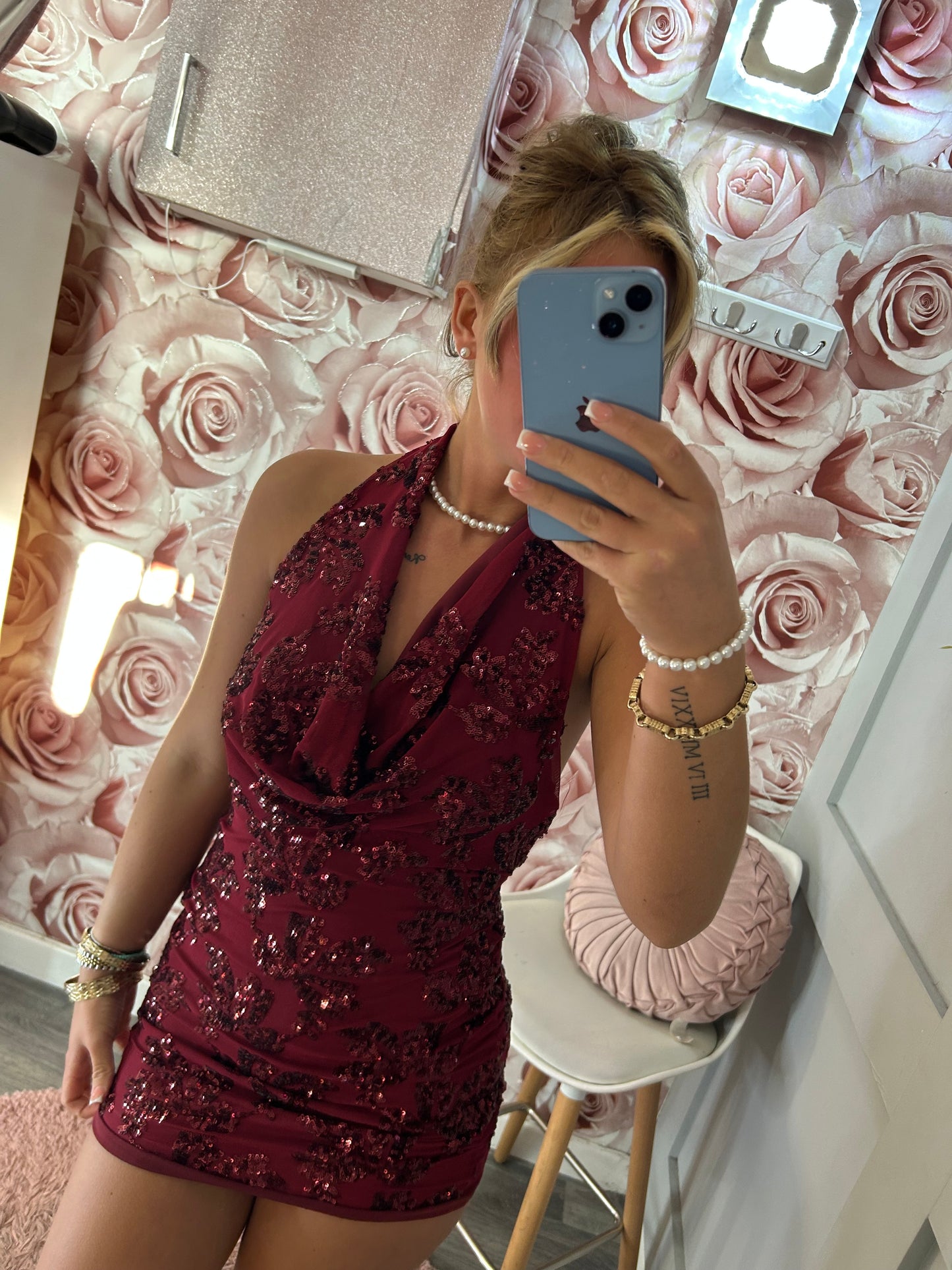 Floral Sequin Cowl Halterneck Dress