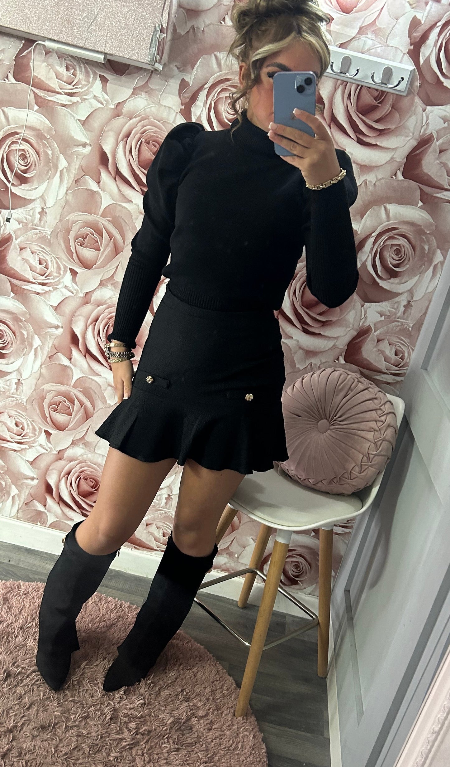 Gold Button Frill Mini Skirt