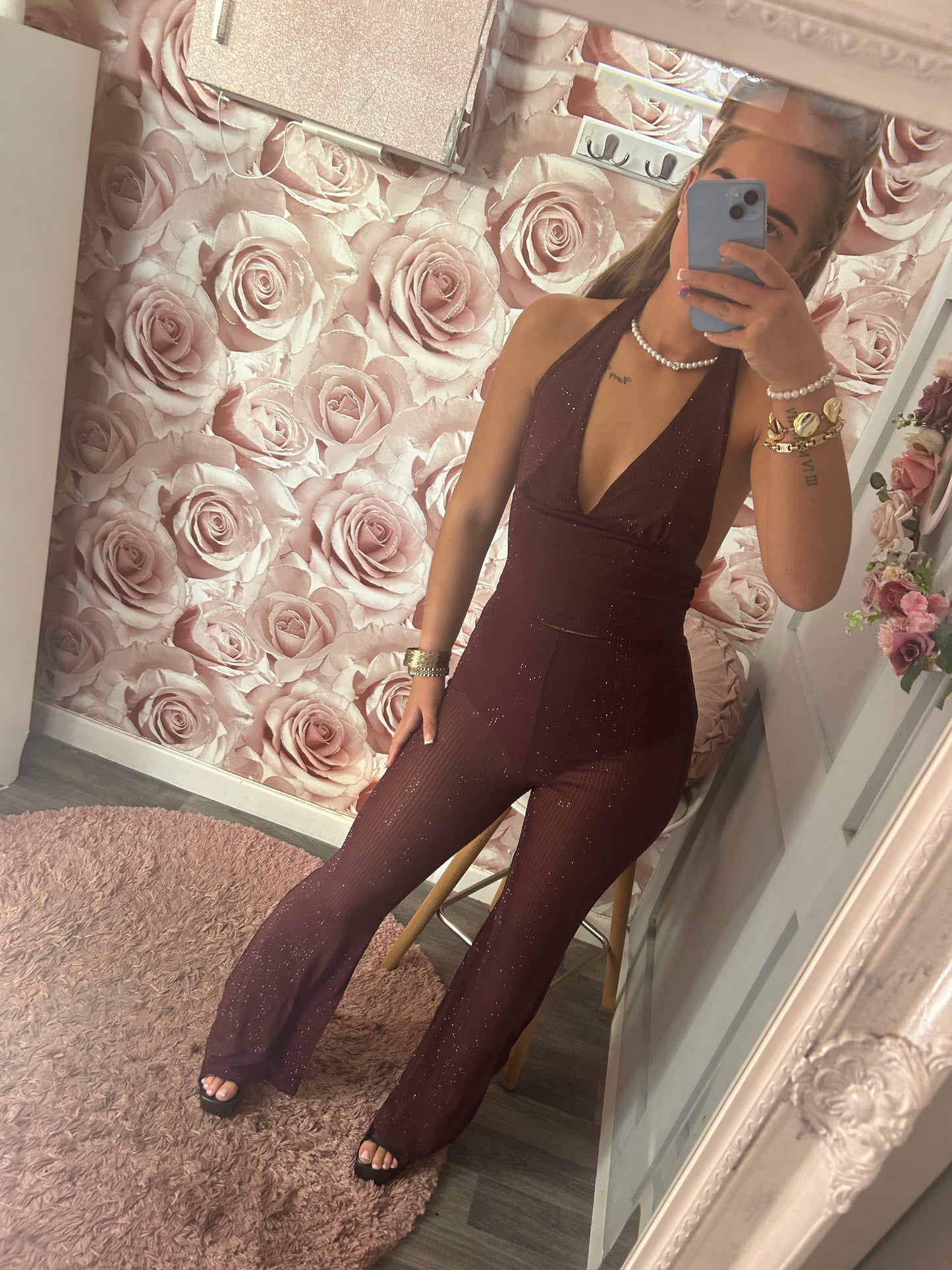 Diamante Encrusted Mesh Halterneck & Flares Co-Ord