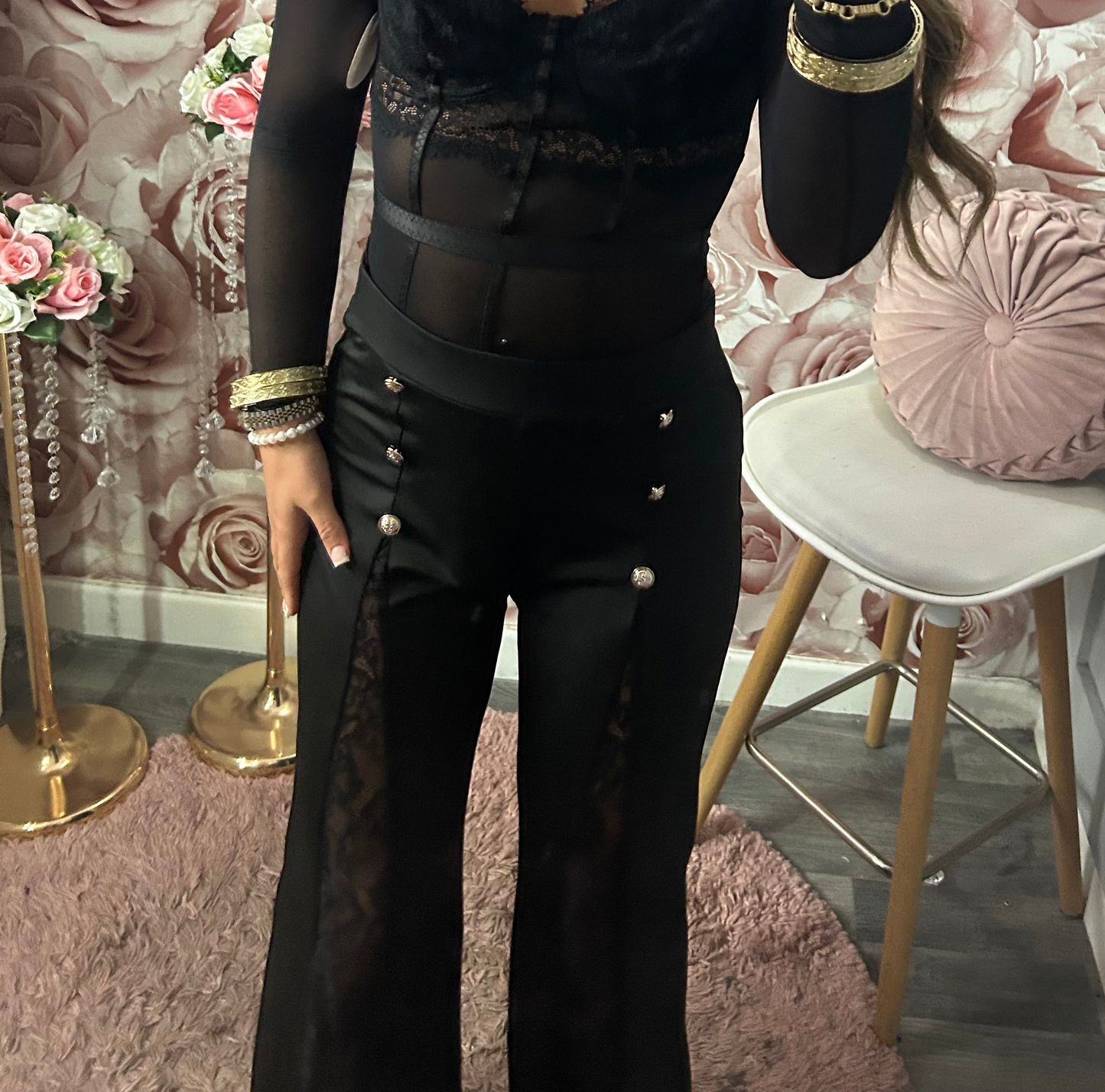 High Waisted Lace Split Detail Gold Button Trousers