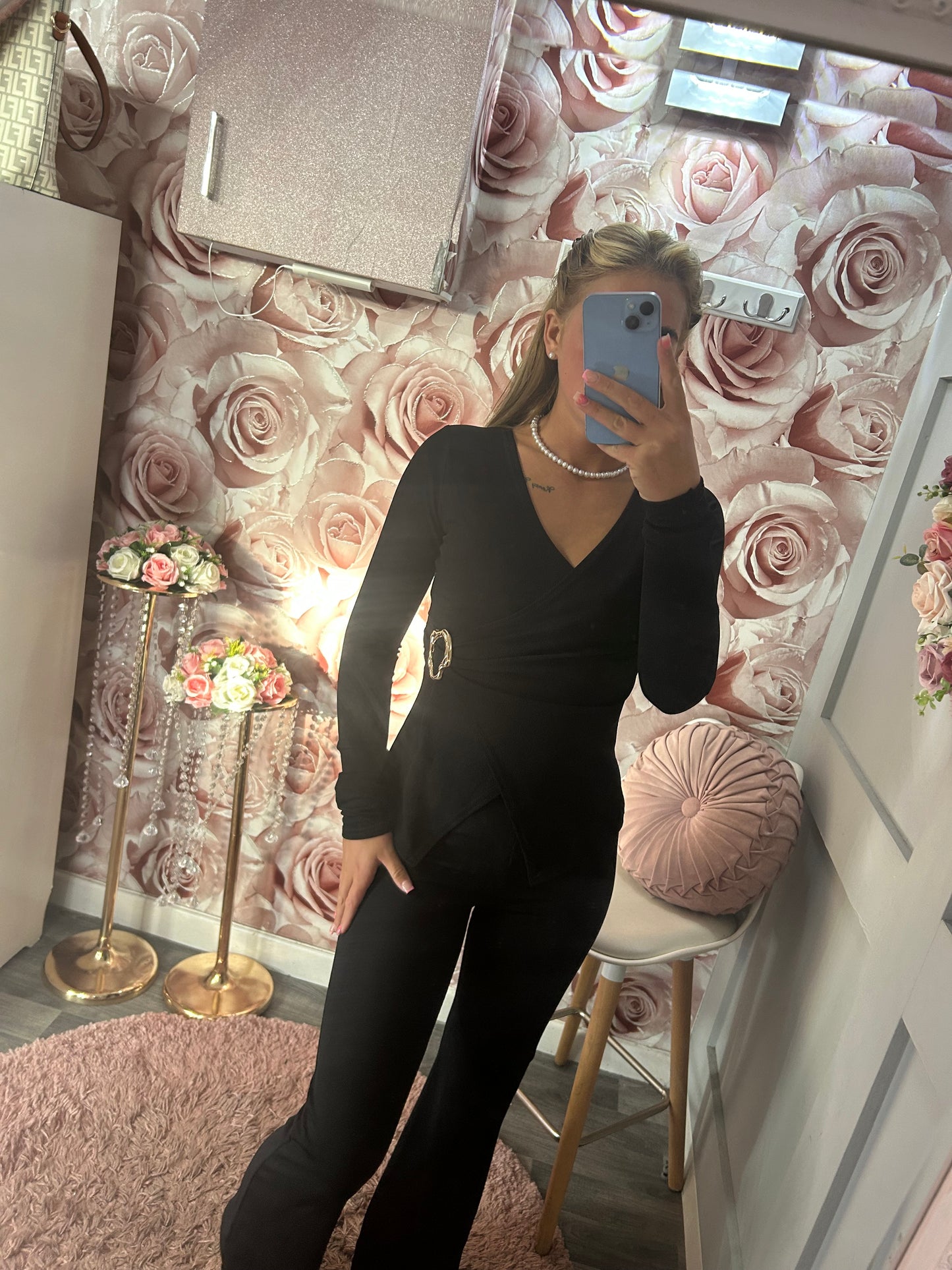 Gold Buckle Wrap Over Ribbed Top & Flares Set