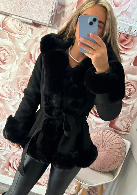 Suede Fur Lined & Fur Trimmed Hooded Princess Coat