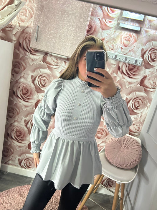 Diamanté Button Cashmere Soft Ruched Arm Peplum Shirt Jumper