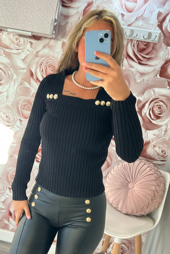 Square Neck Gold Button Ribbed Jumper