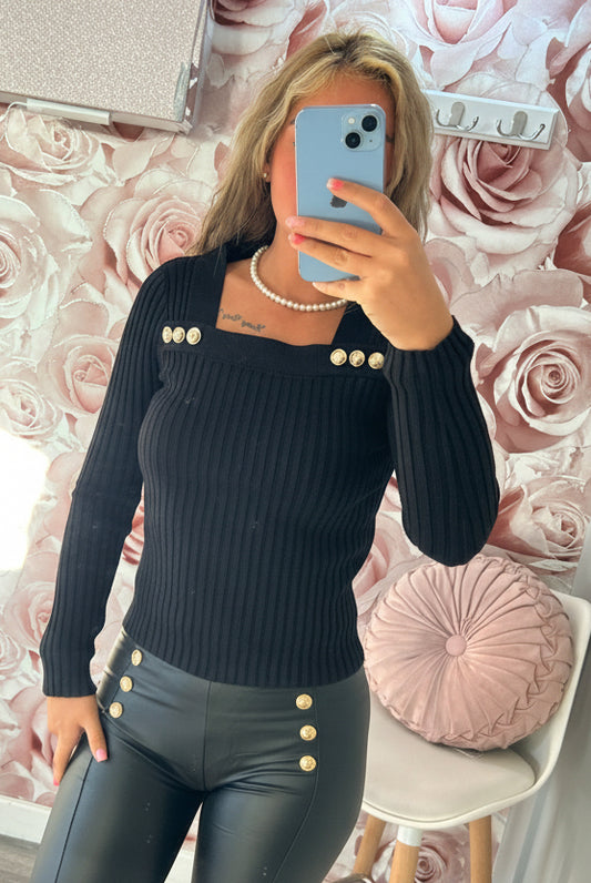Square Neck Gold Button Ribbed Jumper