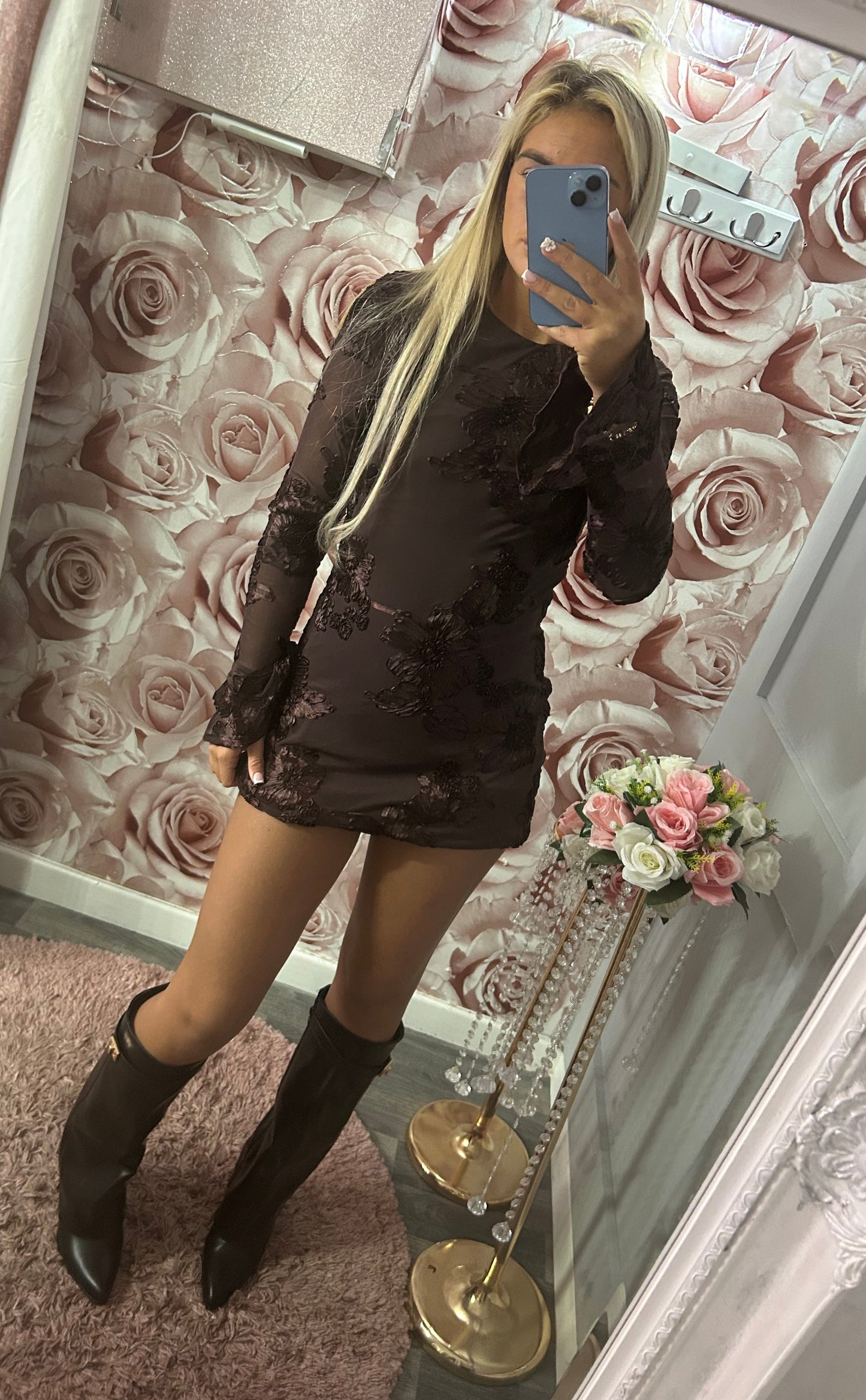 Floral Mesh Long Sleeved Dress