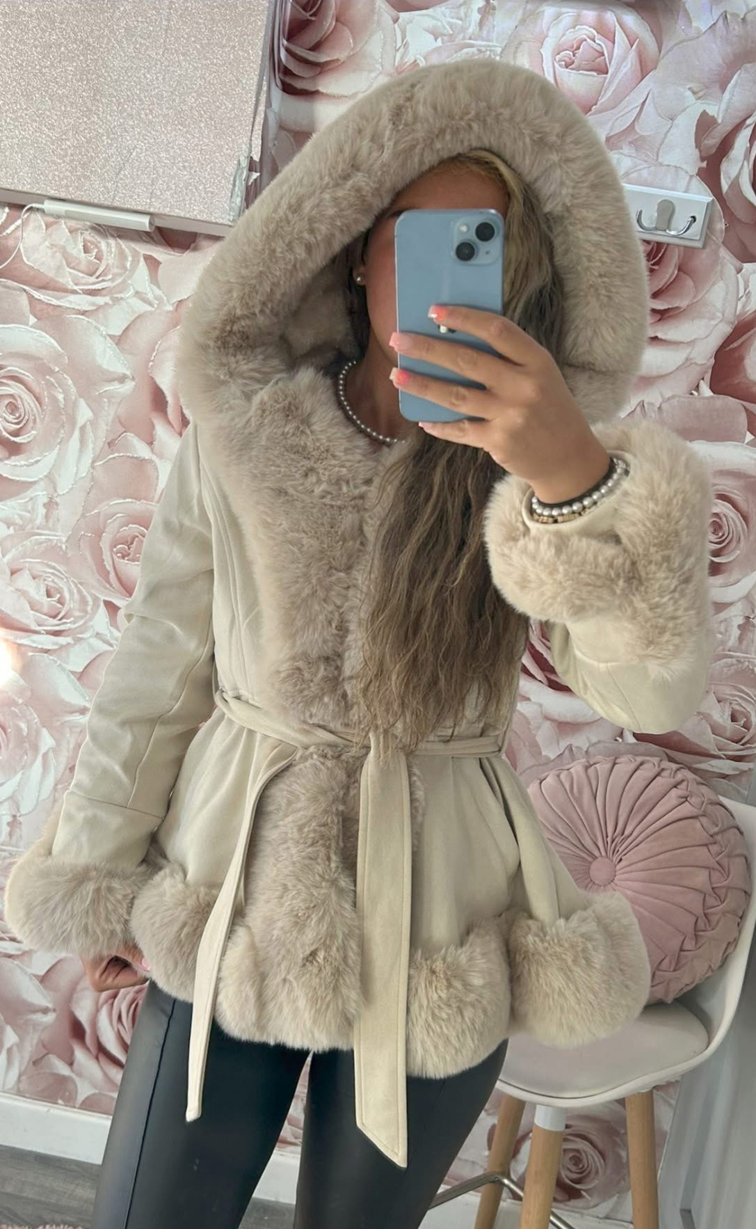 Suede Fur Lined & Fur Trimmed Hooded Princess Coat
