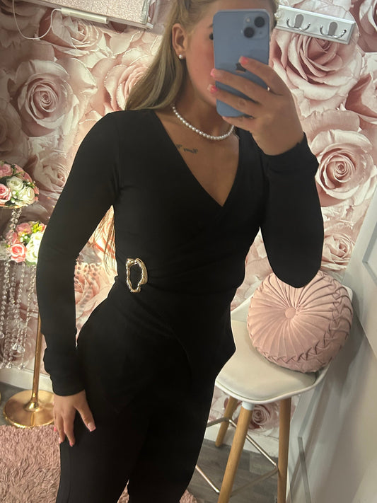 Gold Buckle Wrap Over Ribbed Top & Flares Set