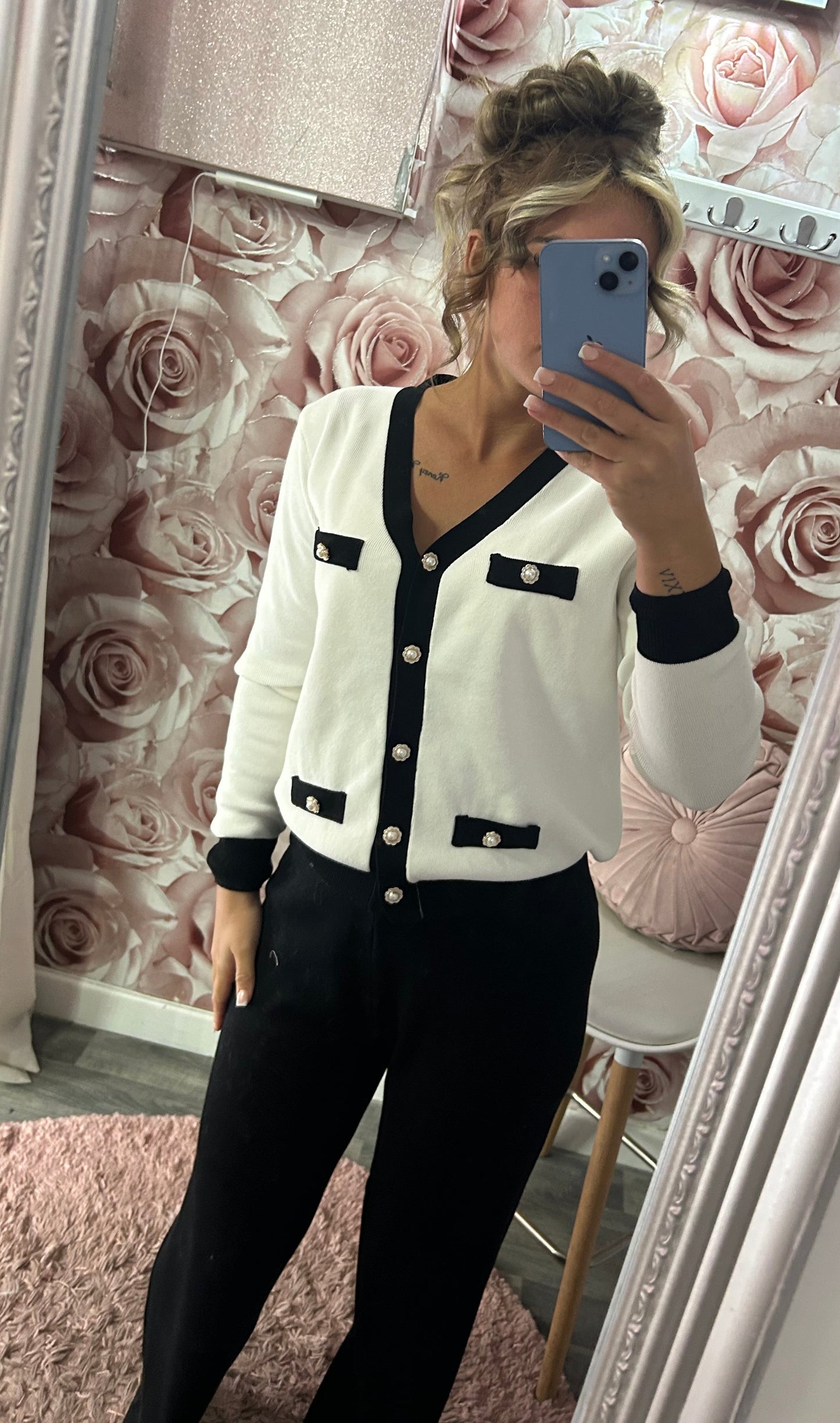 Cashmere Soft Premium Quality Contrast Pearl Button Fine Knit Cardigan & Trousers Set