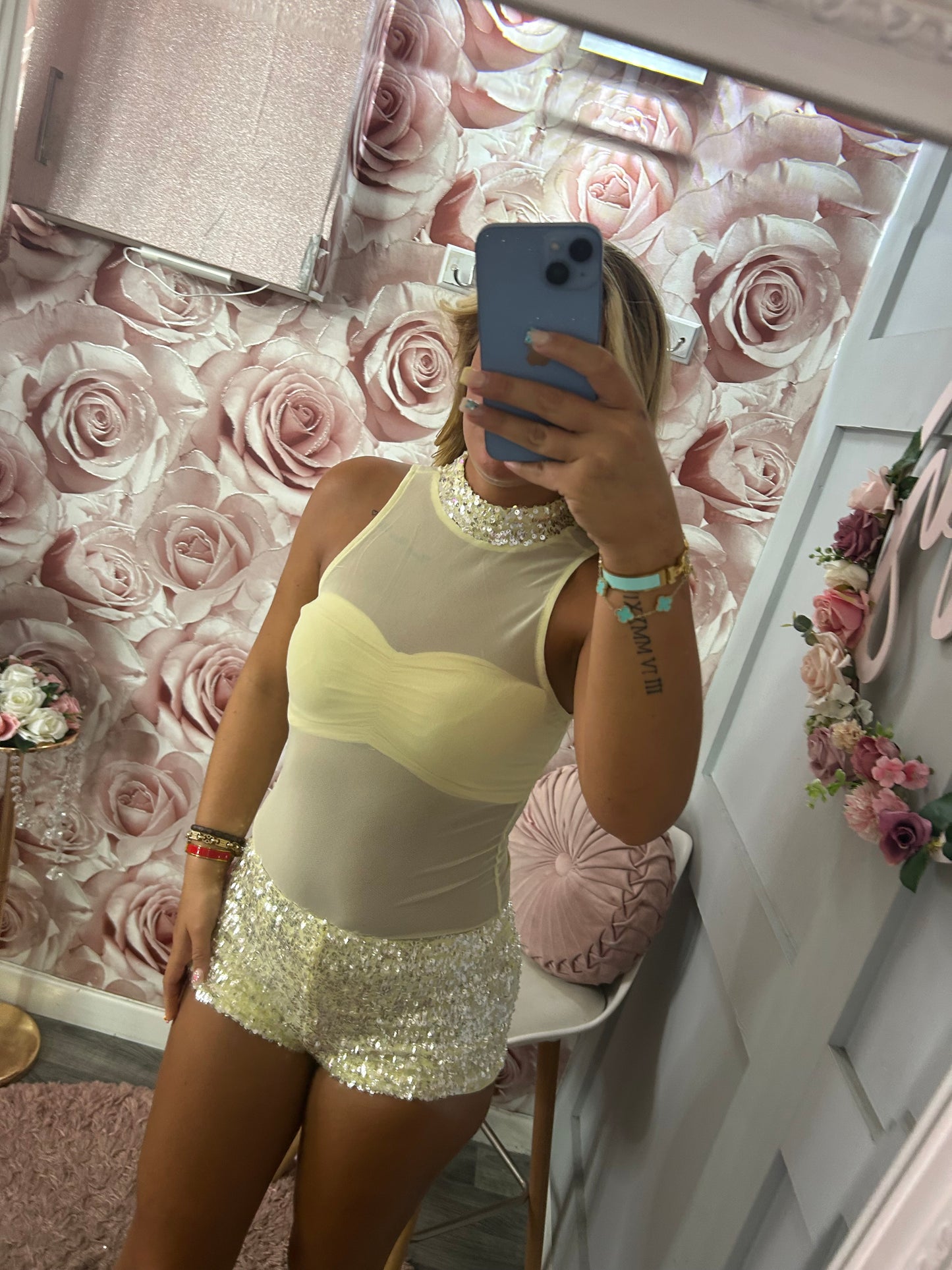 3 Piece Sequin Hotpants, Bandeu Padded Top & Sequin/Mesh Bodysuit Co-Ord Set