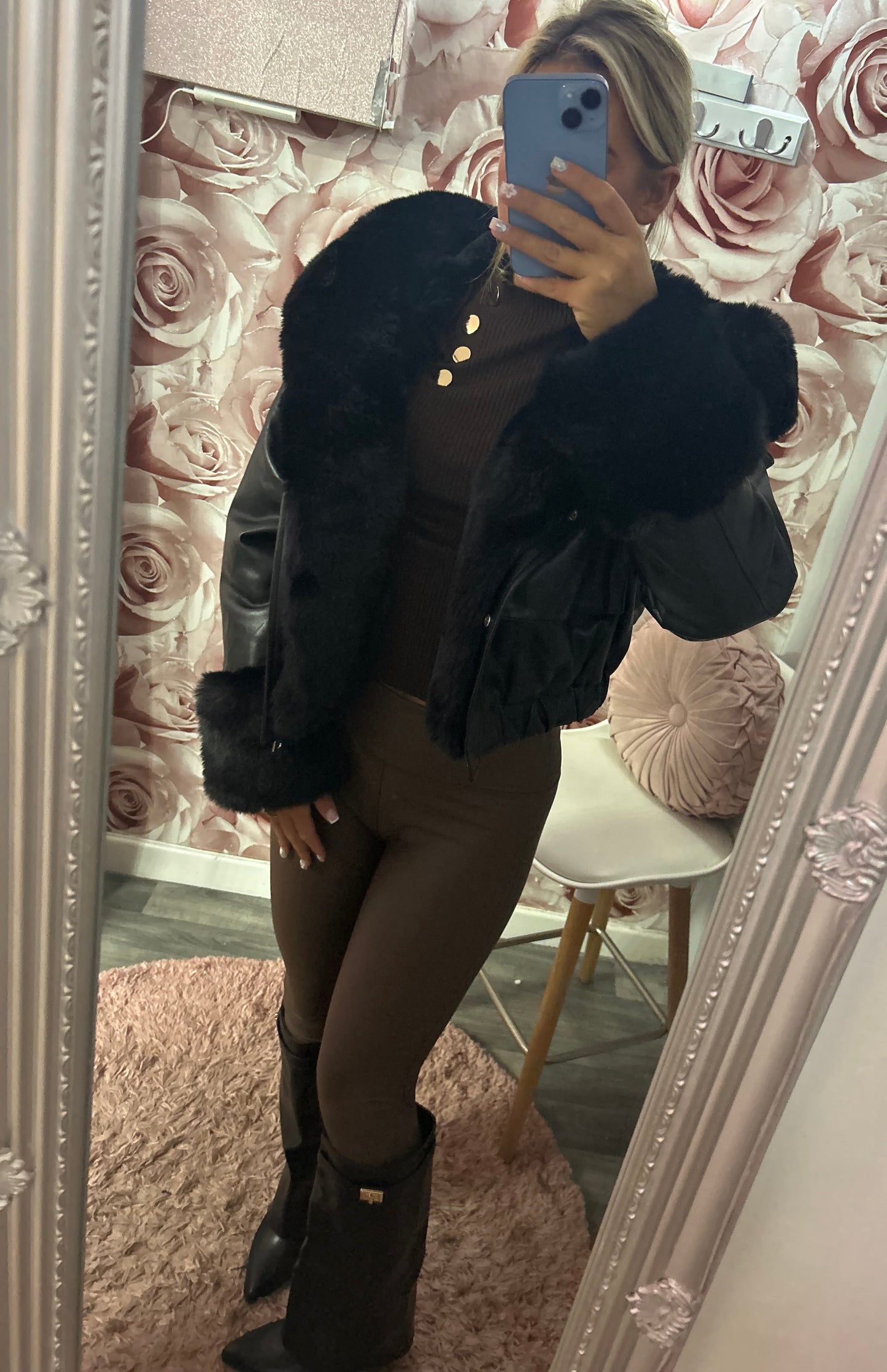 Fur Lined and Fur Trimmed Hooded PU Faux Leather Coat