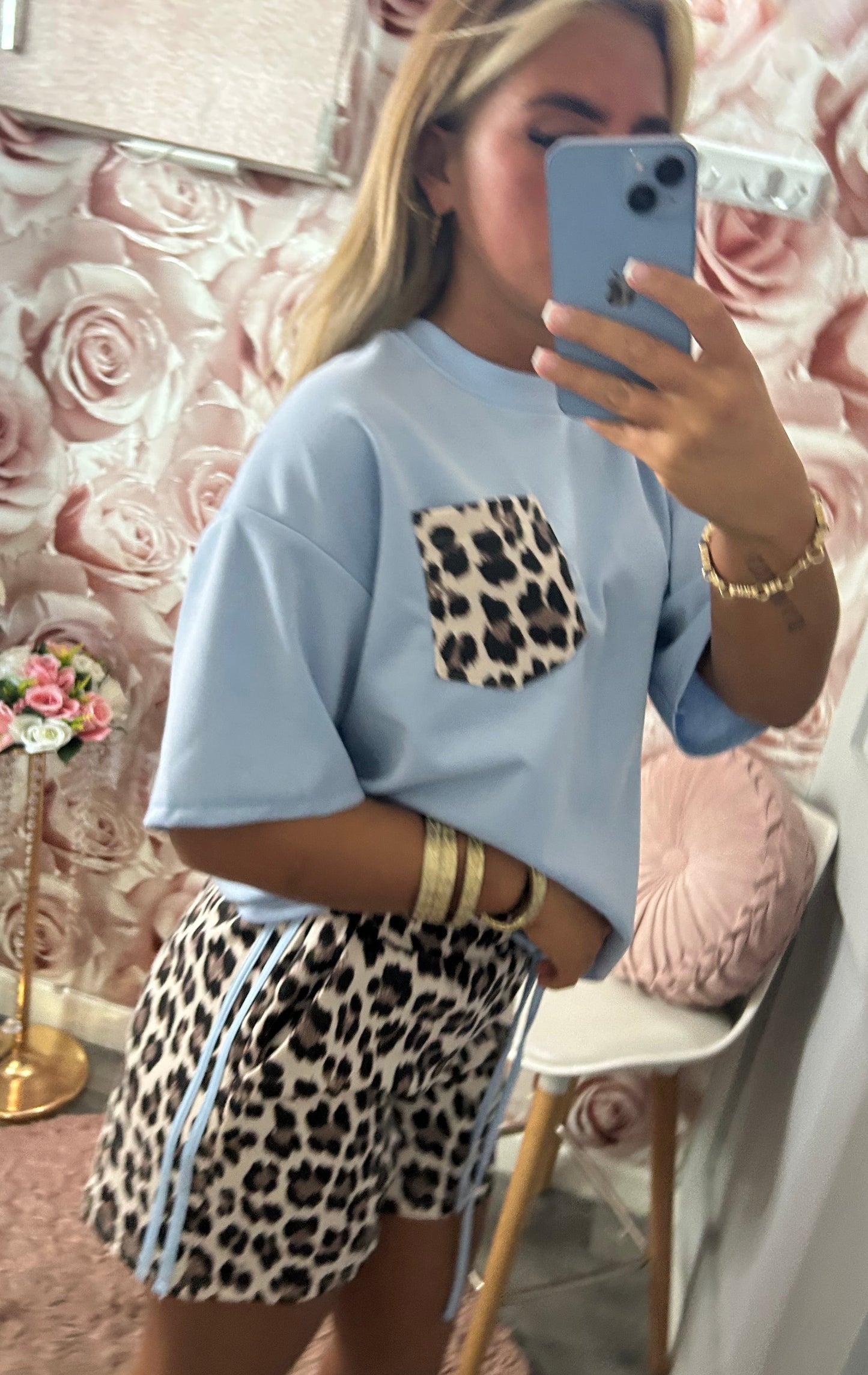 Leopard Print Pocket Contrast Coloured Stripe TShirt & Shorts Co-Ord Set