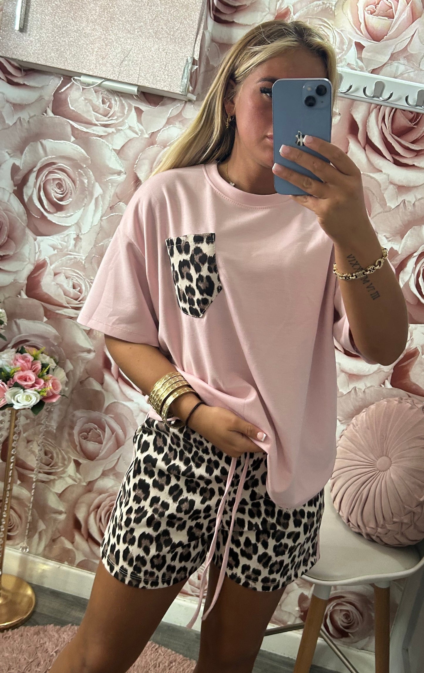 Leopard Print Pocket Contrast Coloured Stripe TShirt & Shorts Co-Ord Set