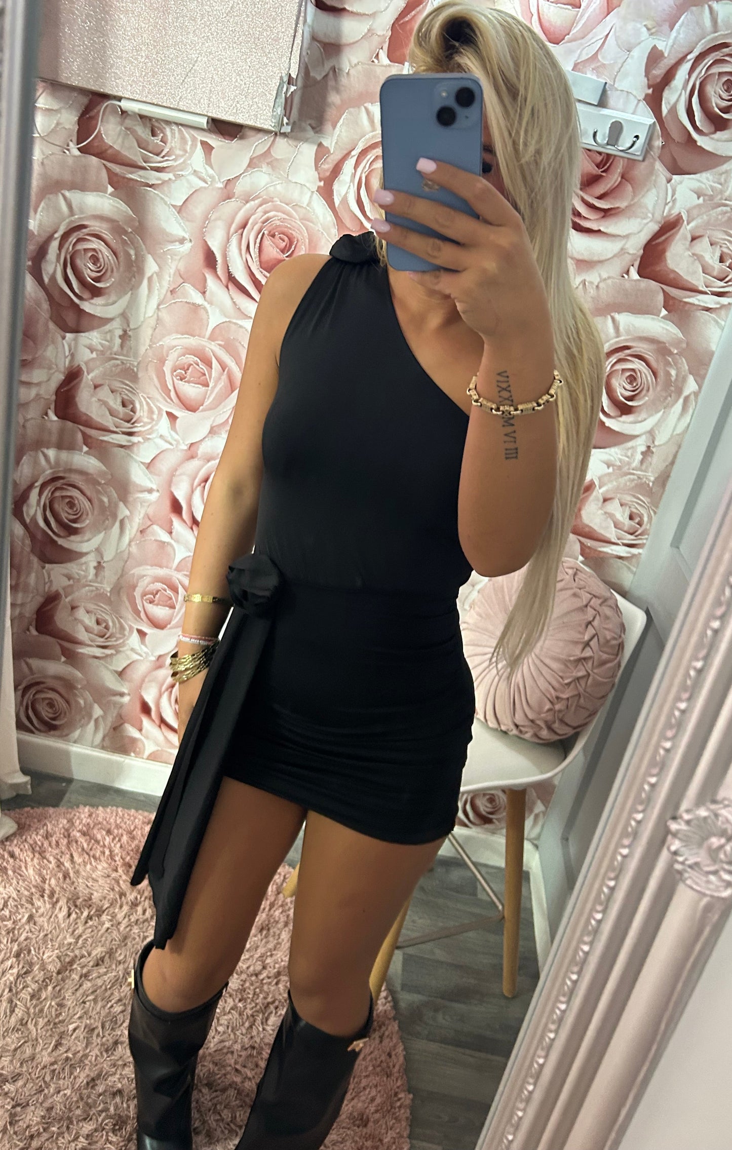 Rose Corsage One Shoulder Drape Dress