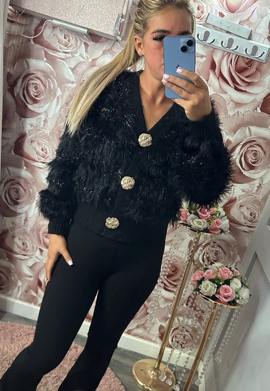 Sparkle Faux Fur Large Gold Button Cardigan