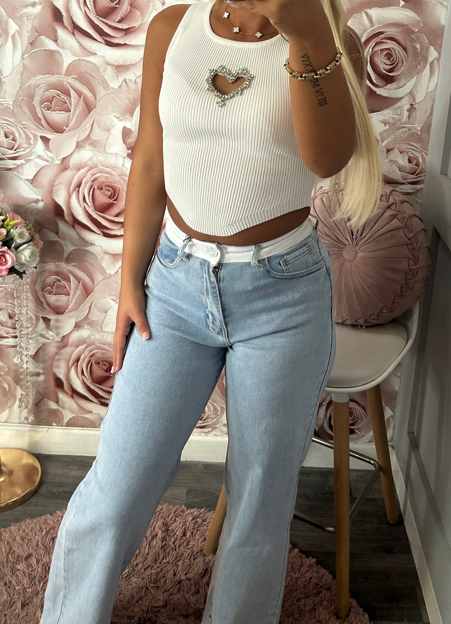 Contrast Banded Waist Stretchy Jeans