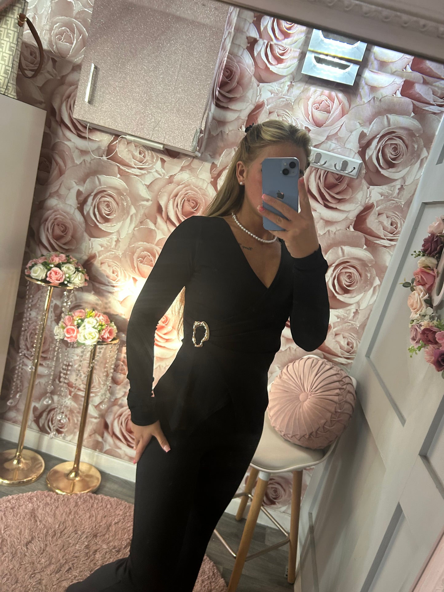 Gold Buckle Wrap Over Ribbed Top & Flares Set