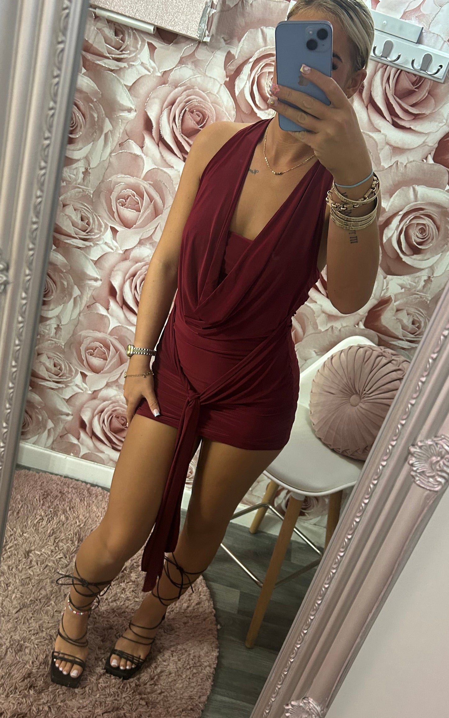 Cowl Neck Drape Slinky Mini Dress