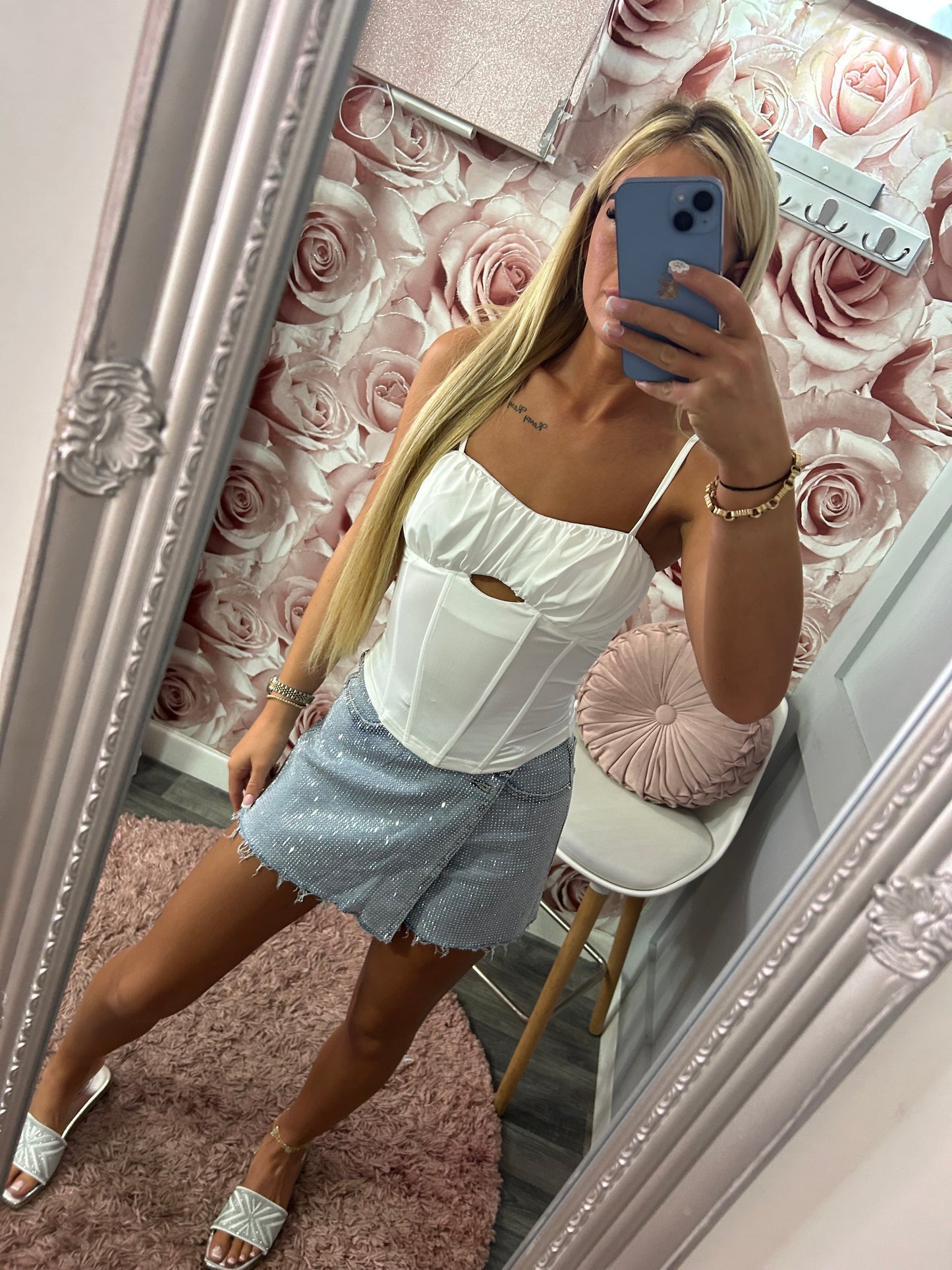 SALE- Diamante Encrusted Fold Over Denim Shorts