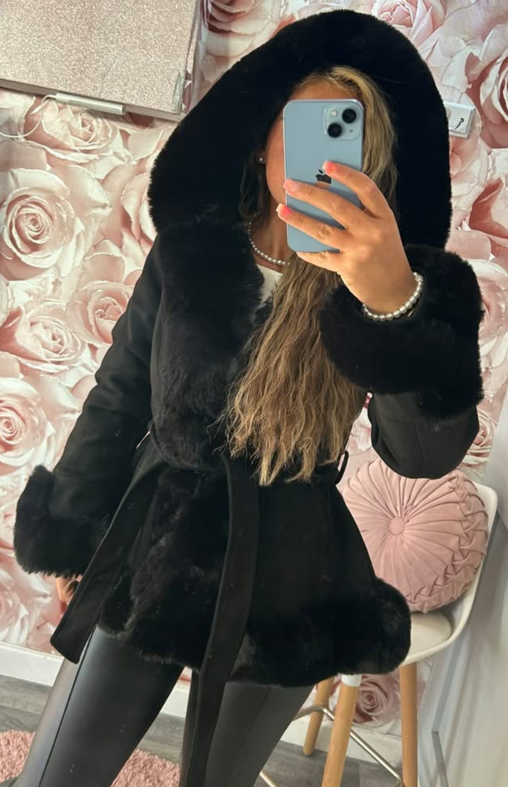 Suede Fur Lined & Fur Trimmed Hooded Princess Coat