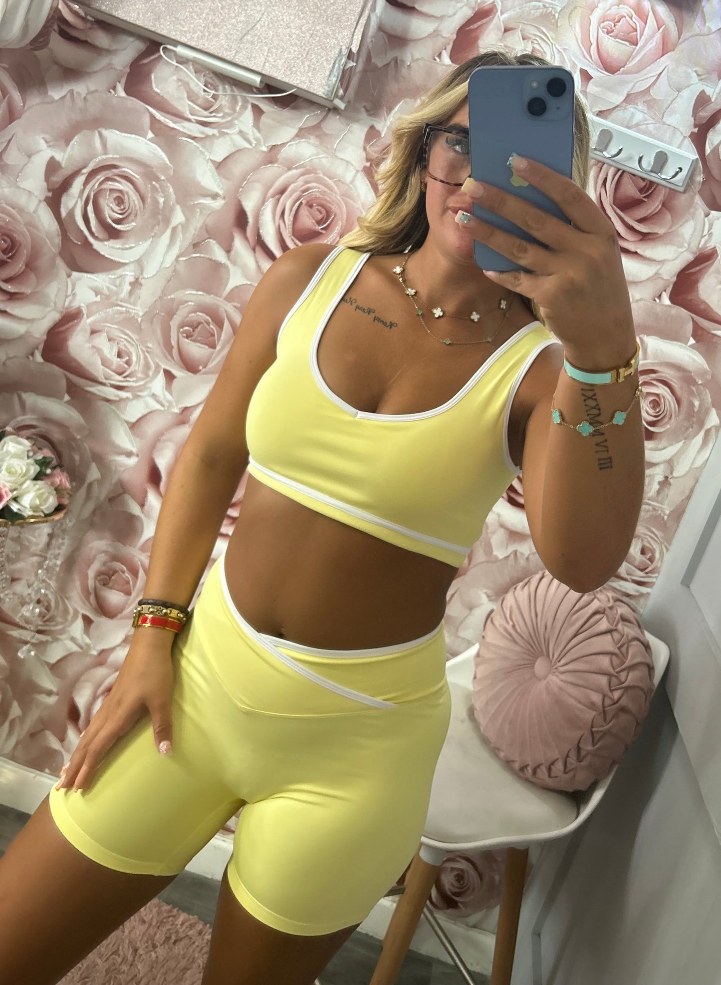Contrast Dip Down Yoga Cycling Shorts and Padded Crop Top Co-Ord Set