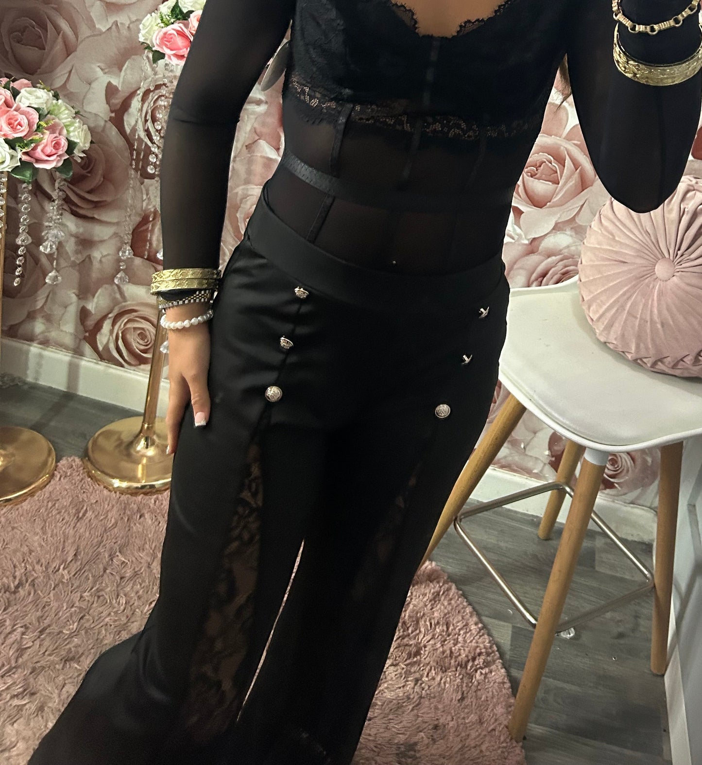 High Waisted Lace Split Detail Gold Button Trousers