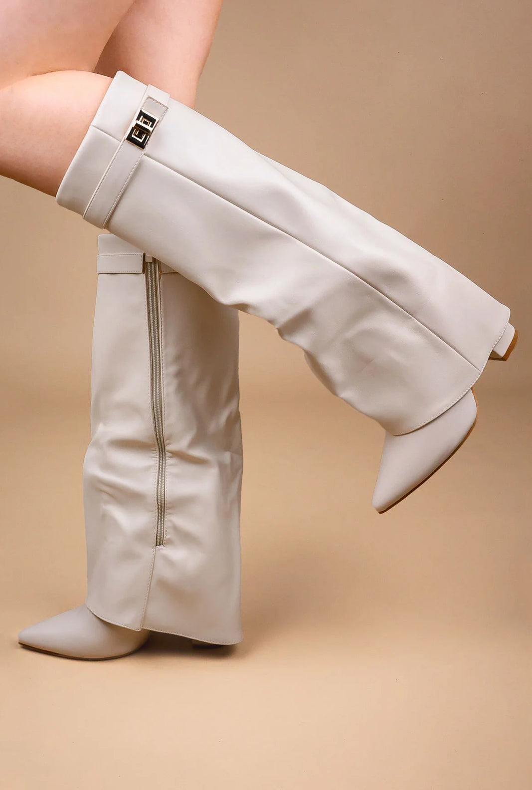 PU Gold Buckle Fold Over Heeled Boots