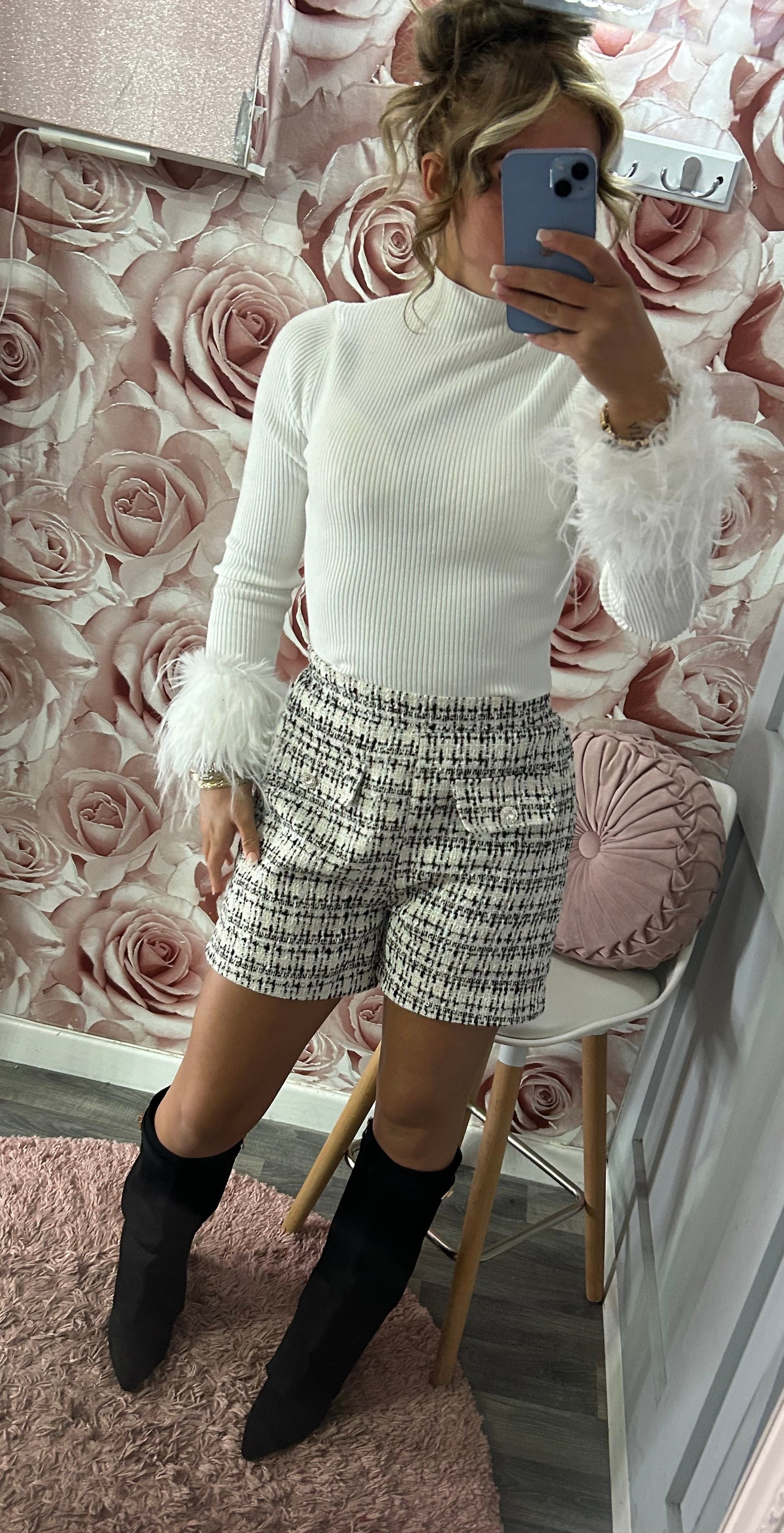 Tweed & Diamante Button High Waisted Shorts