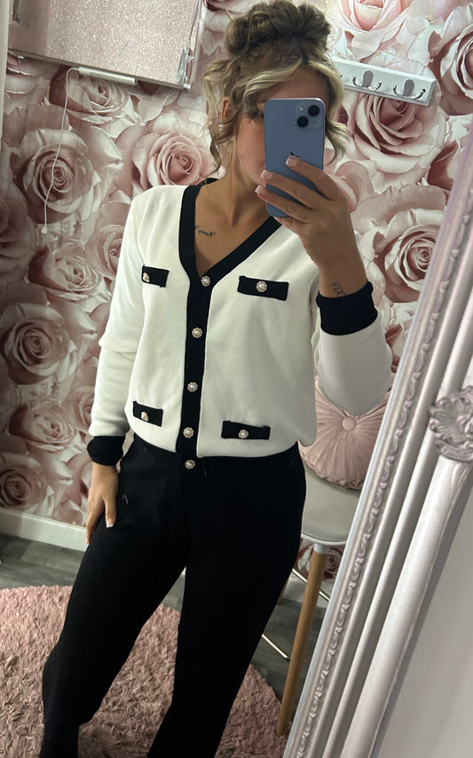 Cashmere Soft Premium Quality Contrast Pearl Button Fine Knit Cardigan & Trousers Set