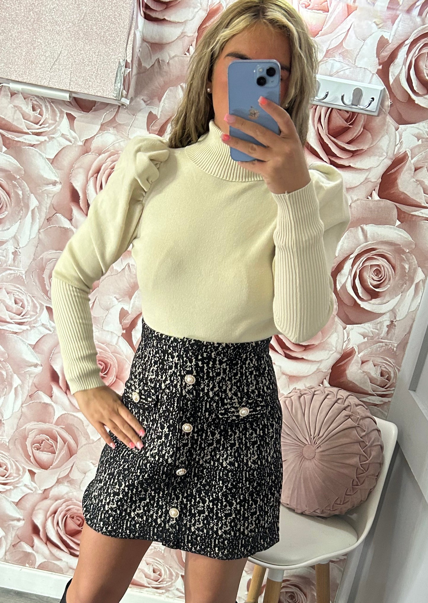 Gold & Pearl Button Aline Thick Quality Knit Skirt