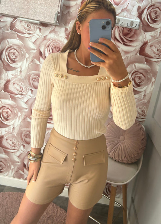 PU Faux Leather Gold Button High Waisted Shorts