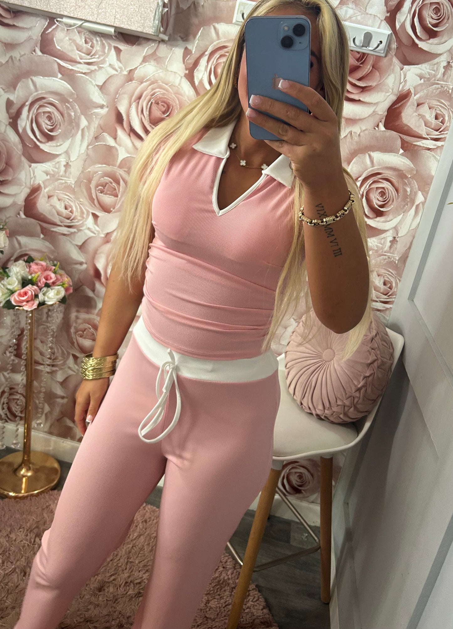 Contrast Ribbed & Padded Tshirt Loungewear Co-Ord Set