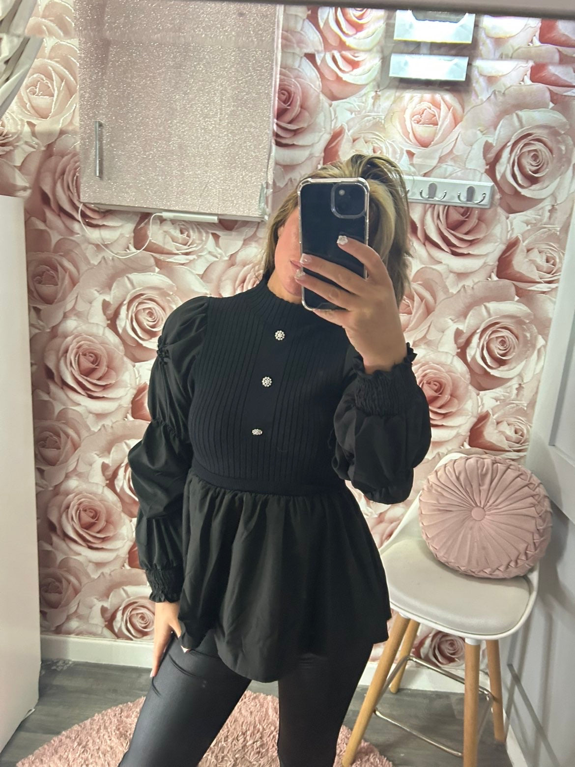 Diamanté Button Cashmere Soft Ruched Arm Peplum Shirt Jumper