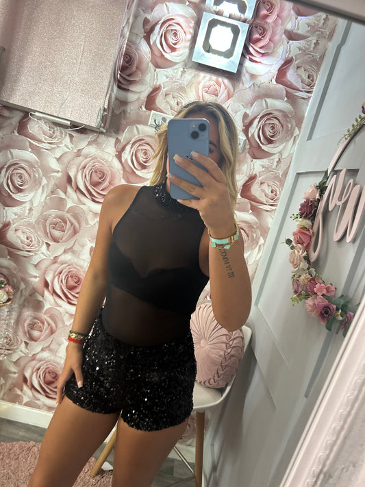 2 Piece Sequin Hotpants & Sequin/Mesh Bodysuit Co-Ord Set