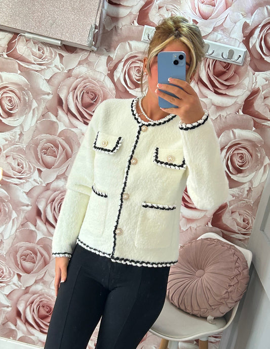 Premium Quality Contrast Trim Pearl Flower Button Cardigan