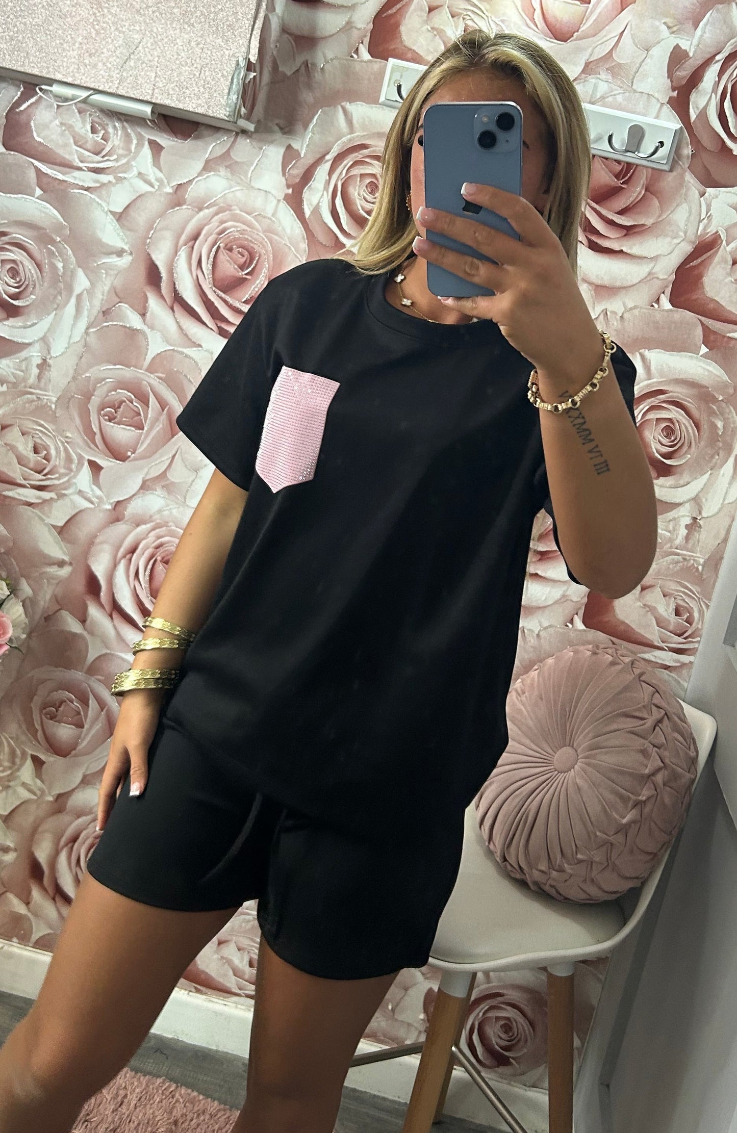 Diamanté Pocket Tshirt & Shorts Co-Ord Set