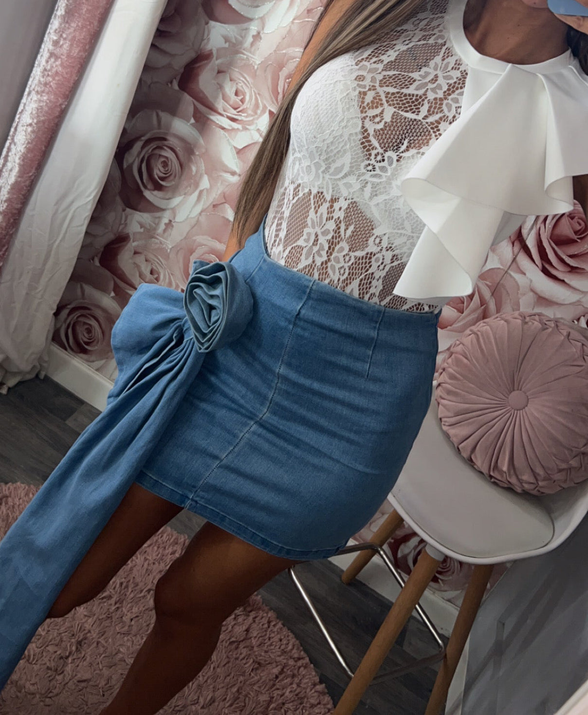 Rose Drape Ruched Denim Skirt
