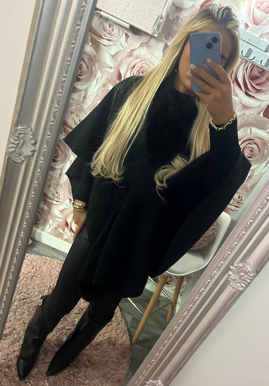 Fur Trimmed Pom Pom Cape