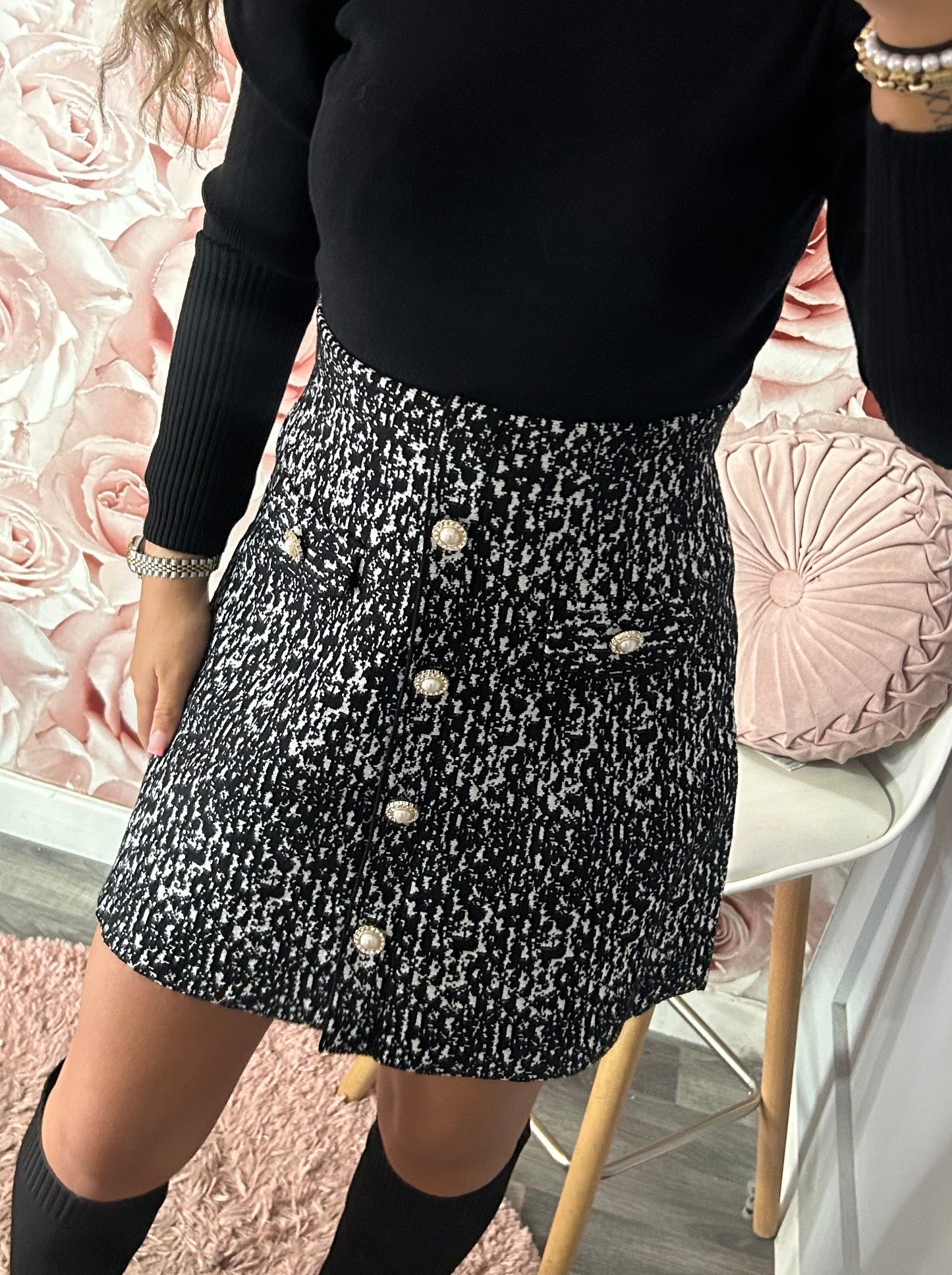 Gold & Pearl Button Aline Thick Quality Knit Skirt