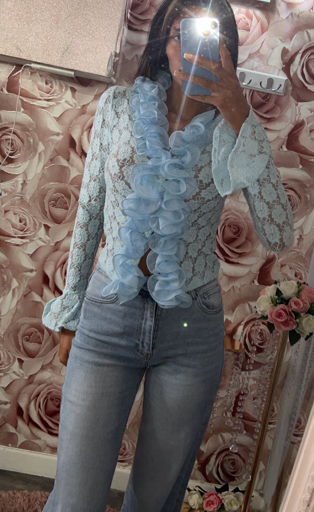 Floral Lace Ruffle Frill Bell Sleeved Blouse Top