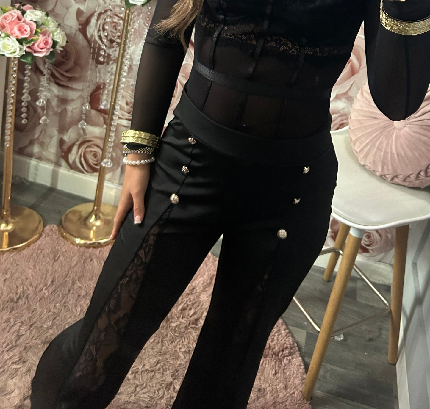 High Waisted Lace Split Detail Gold Button Trousers