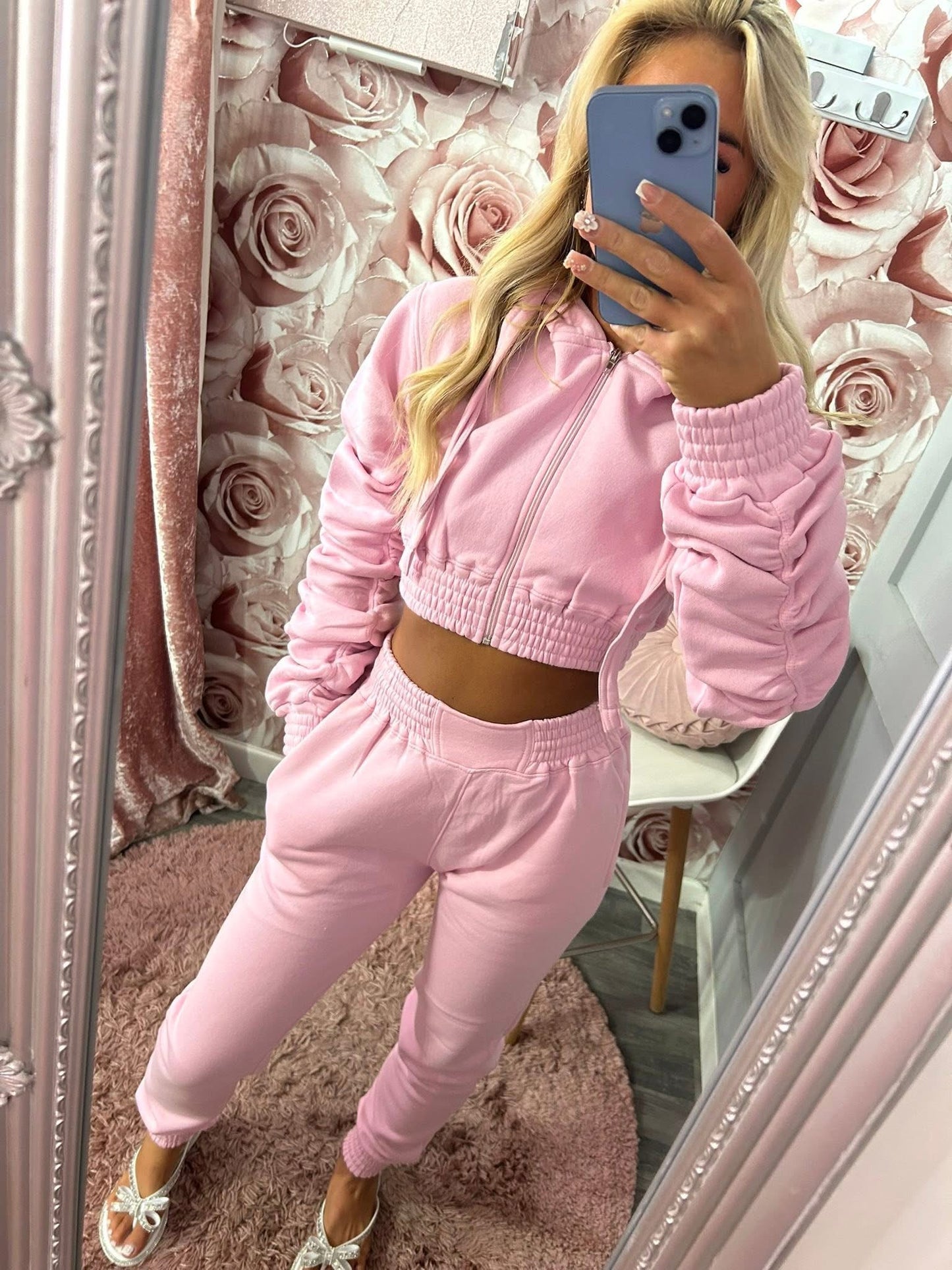 Ruched Sleeve Fleece Lined Hoodie and Joggers Set