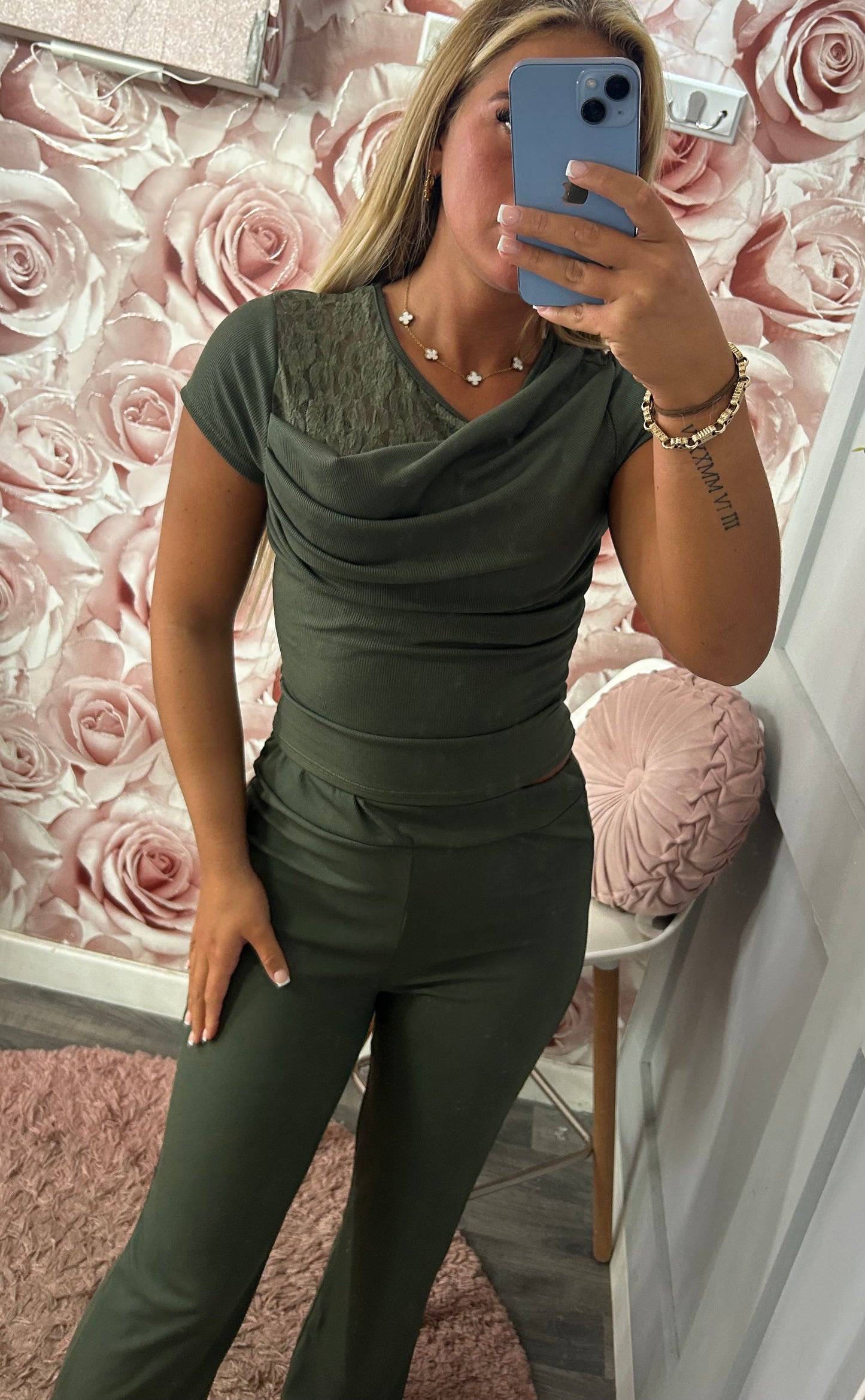 Lace Ruched Flared Co-Ord Set